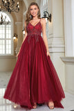 Sparkly Burgundy Beaded Long Tulle Formal Dress with Slit