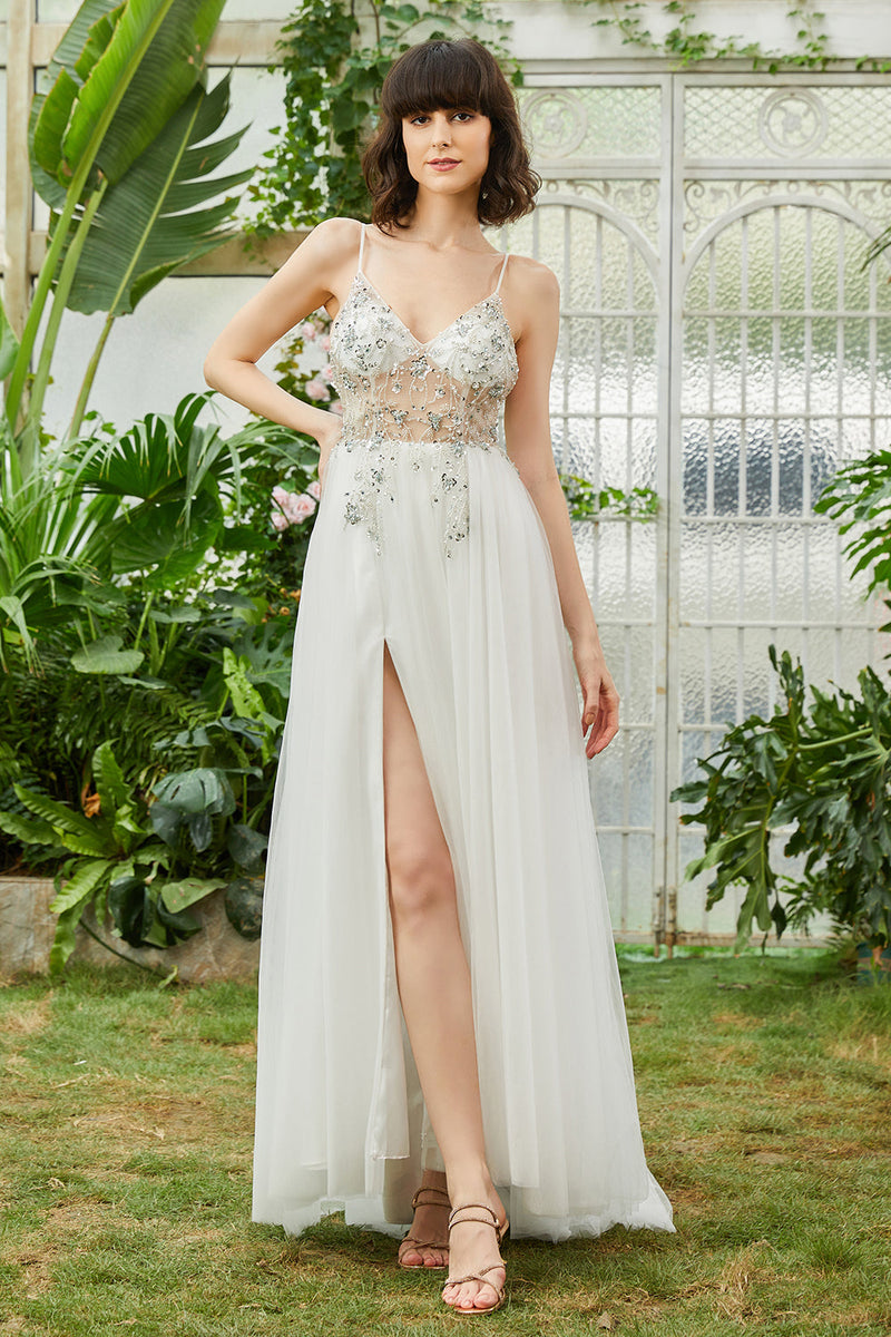 Load image into Gallery viewer, Tulle Spaghetti Straps White Long Formal Dress with Beading