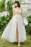 Tulle Spaghetti Straps White Long Formal Dress with Beading