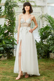 Tulle Spaghetti Straps White Long Formal Dress with Beading