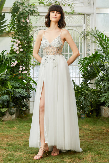 Tulle Spaghetti Straps White Long Formal Dress with Beading