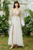 Tulle Spaghetti Straps White Long Formal Dress with Beading