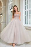 Glitter Blush A-Line Tulle Long Formal Dress with Lace