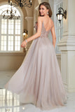 Glitter Blush A-Line Tulle Long Formal Dress with Lace