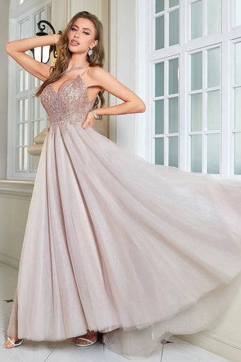 Glitter Blush A-Line Tulle Long Formal Dress with Lace