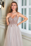 Glitter Blush A-Line Tulle Long Formal Dress with Lace