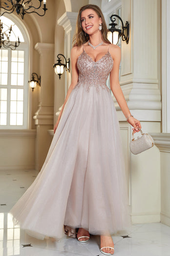 Glitter Blush A-Line Tulle Long Formal Dress with Lace