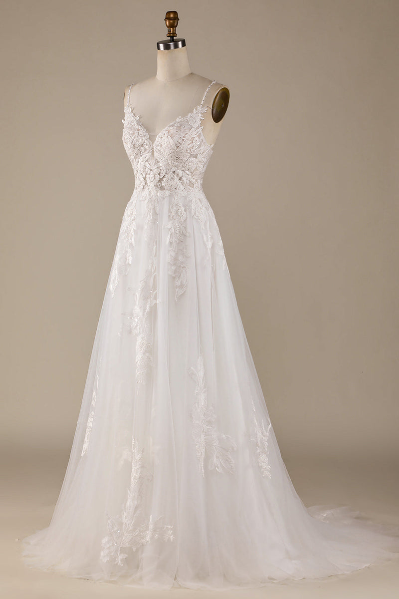 Load image into Gallery viewer, Ivory A-Line Tulle Criss-Cross Straps Back Wedding Dress