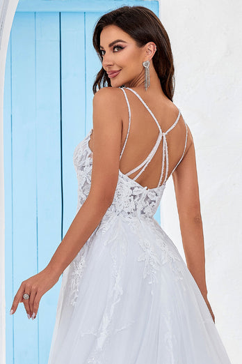 Ivory Criss-Cross Straps Back A-Line Tulle Wedding Dress