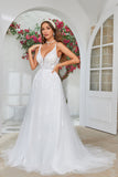 Ivory V-Neck Sweep Train Wedding Dress with Lace