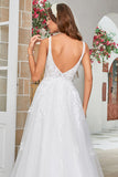 Ivory V-Neck Sweep Train Wedding Dress with Lace