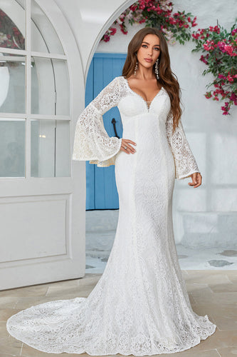 Ivory Mermaid Lace Flare Sleeves Wedding Dress