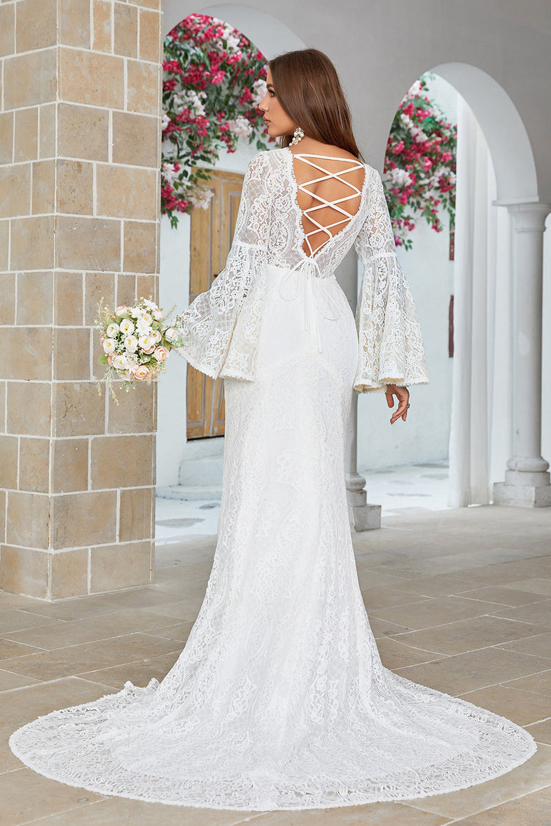 Load image into Gallery viewer, Ivory Mermaid Lace Flare Sleeves Wedding Dress