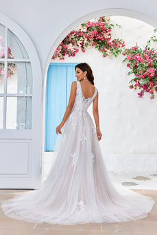 Apricot Tulle Sweep Train A Line Wedding Dress with Lace