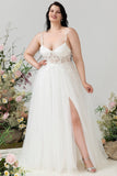 Ivory Spaghetti Straps Tulle A Line Wedding Dress with Slit