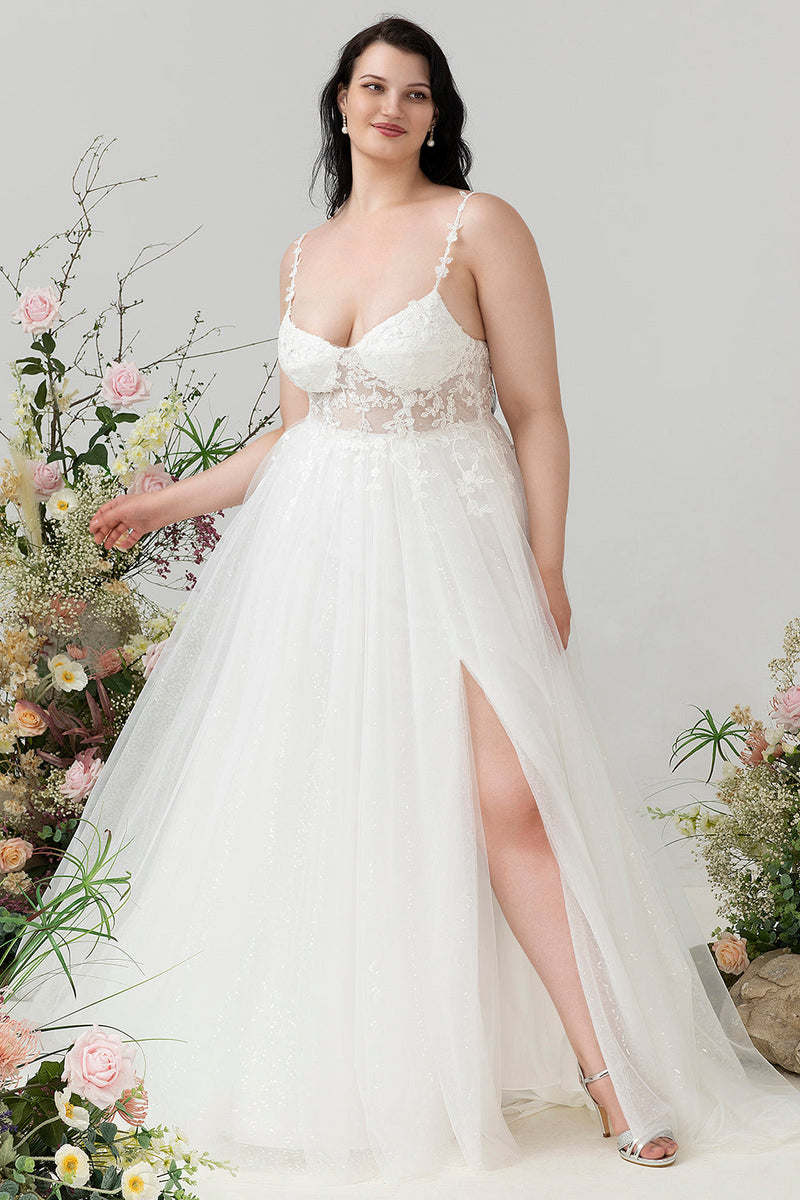 Load image into Gallery viewer, Ivory Spaghetti Straps Tulle A Line Wedding Dress with Slit