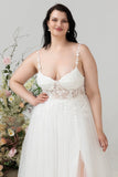 Ivory Spaghetti Straps Tulle A Line Wedding Dress with Slit