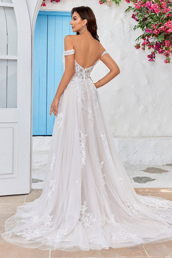 Lady Bride 522 Off the shoulder wedding gown with slit – Bridal
