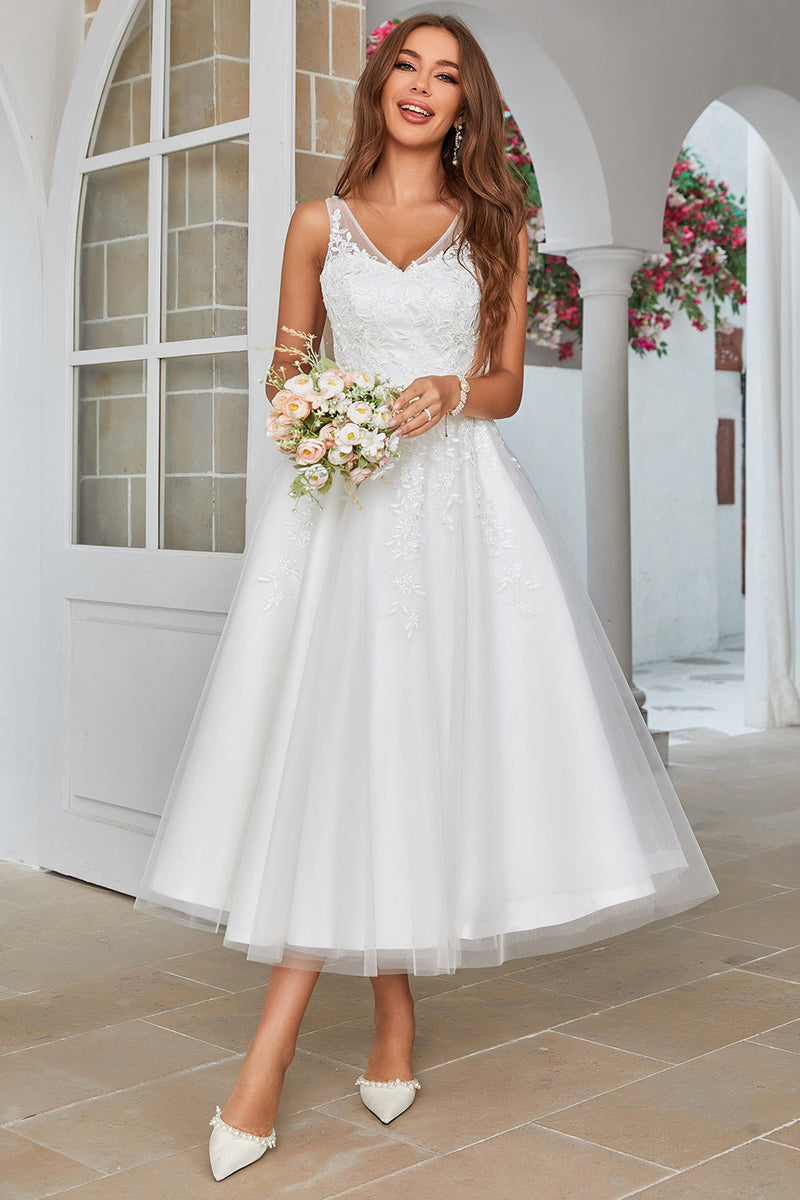 Load image into Gallery viewer, White Mid-Calf Tulle Wedding Dress with Lace