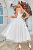 White Mid-Calf Tulle Wedding Dress with Lace